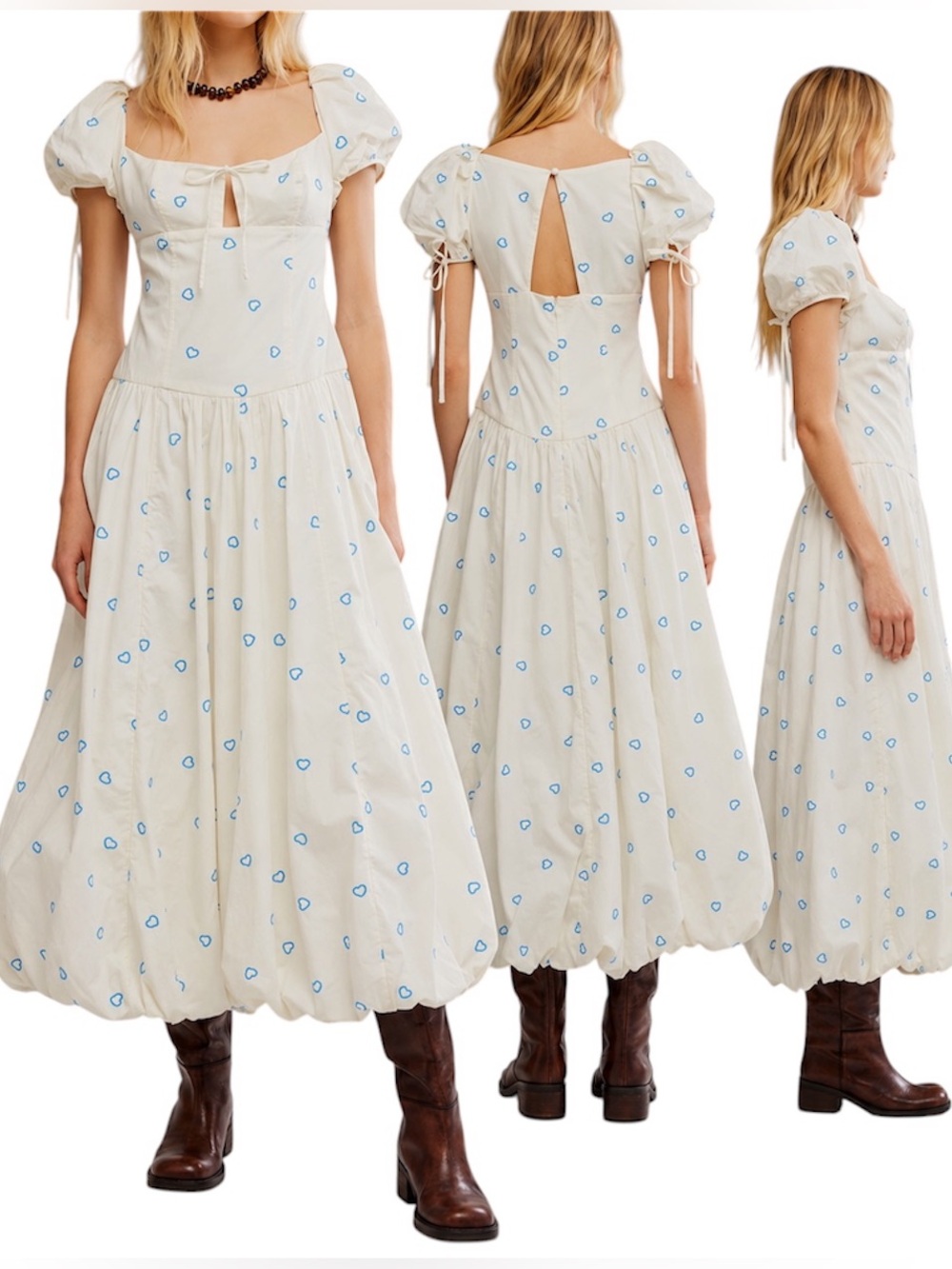 Free People Bali Sprinkled Heart Puff Sleeve Maxi Dress Ivory 0 NWT $268